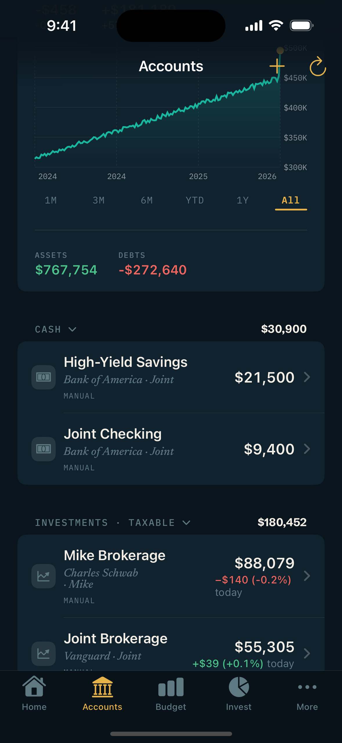 Stridefly Accounts tab: cash, investment and credit accounts grouped with balances.