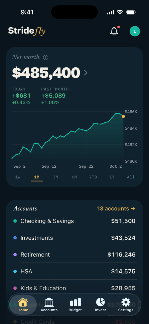 Stridefly Home: net worth of $485,400, up $681 today and $5,089 over the past month, with a rising chart and accounts grouped by type.