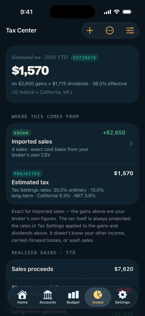 Tax Center estimate: estimated tax on realized gains and dividends, with known and projected amounts.