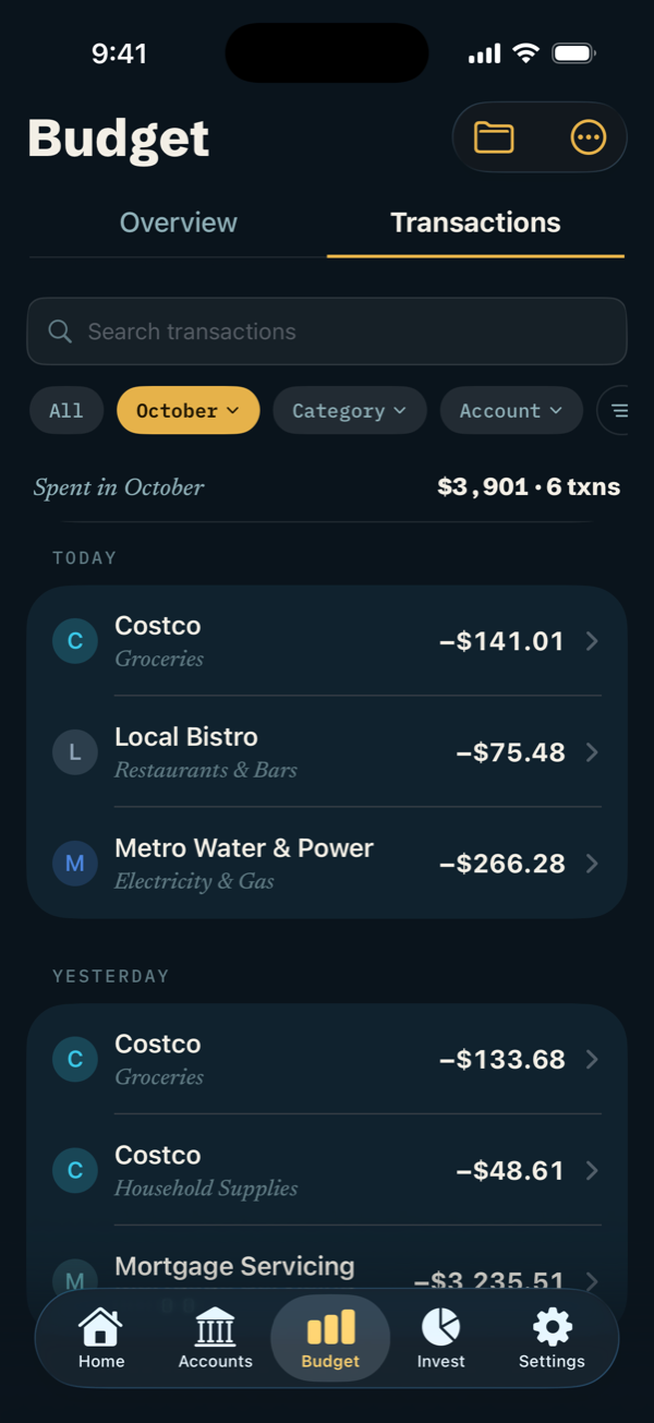Transactions list with merchants, categories and amounts.