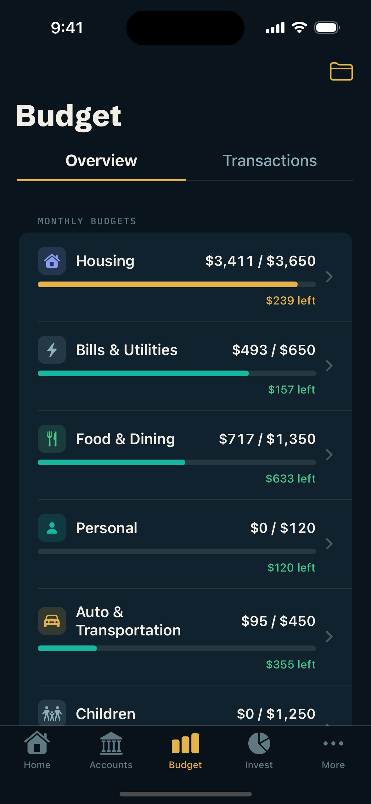 Stridefly expense tracking: spending groups with budget-used meters for the month.