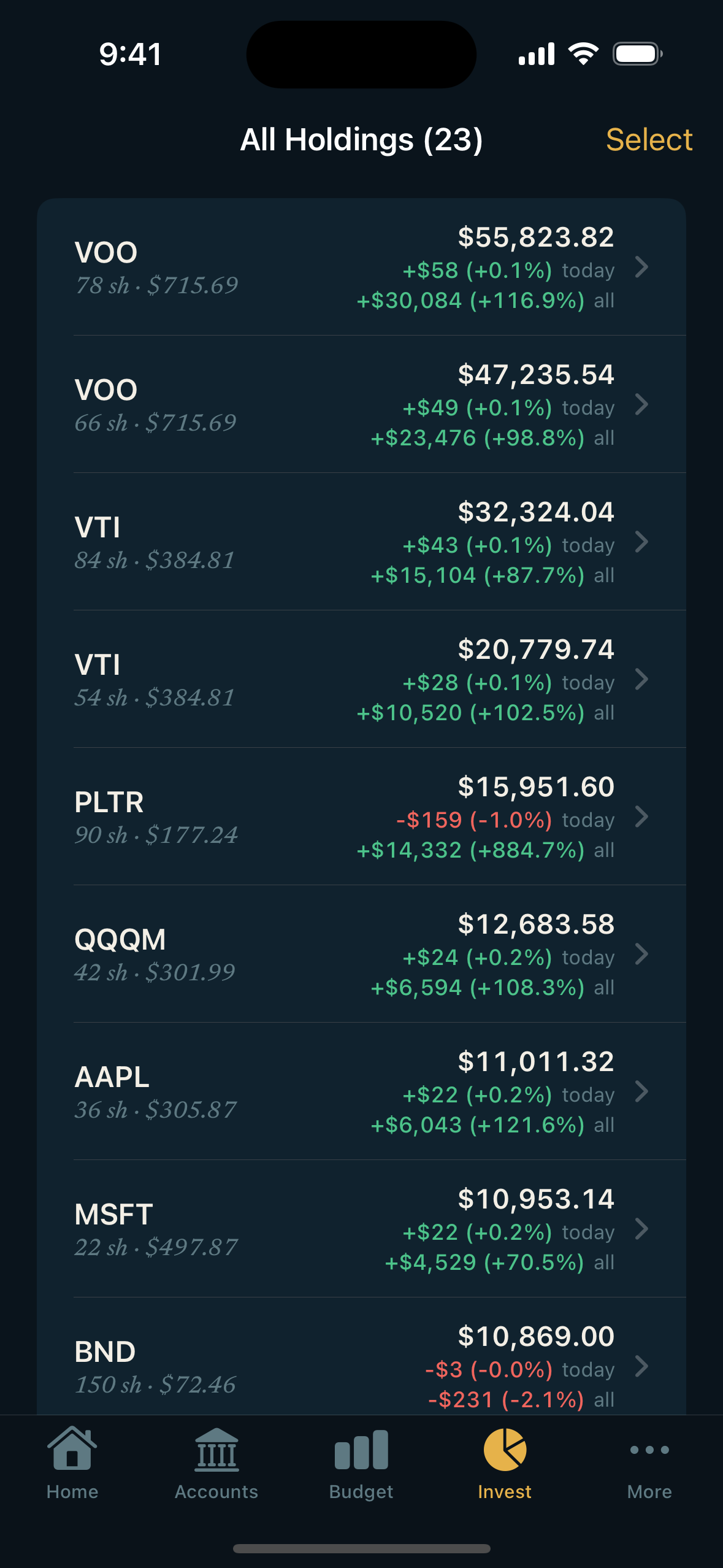 Stridefly portfolio positions across brokerages, with value and change.