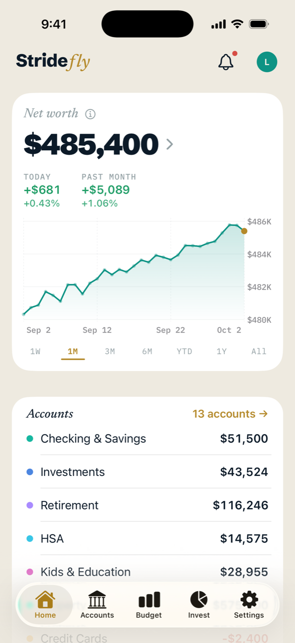 Stridefly Home: net worth of $485,400, up $681 today and $5,089 over the past month, with a rising chart and accounts grouped by type.