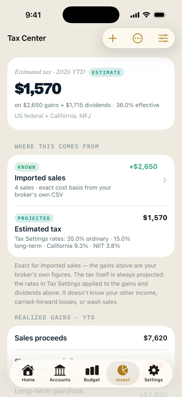 Tax Center estimate: estimated tax on realized gains and dividends, with known and projected amounts.