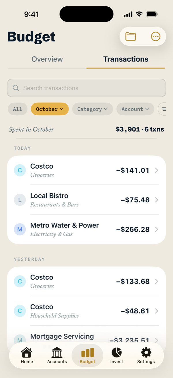 Transactions list with merchants, categories and amounts.