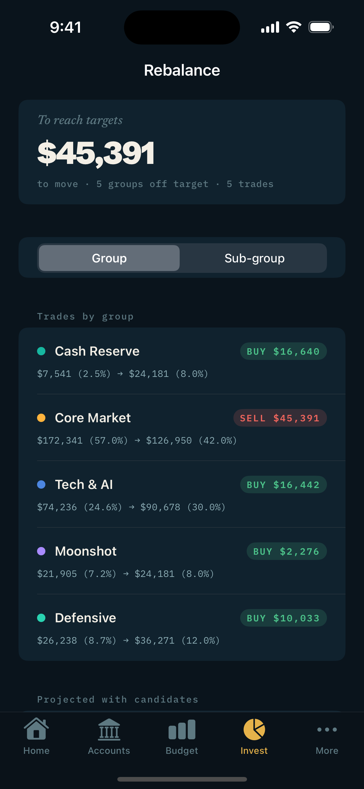 Stridefly Rebalance: allocation targets versus actual with drift highlighted.