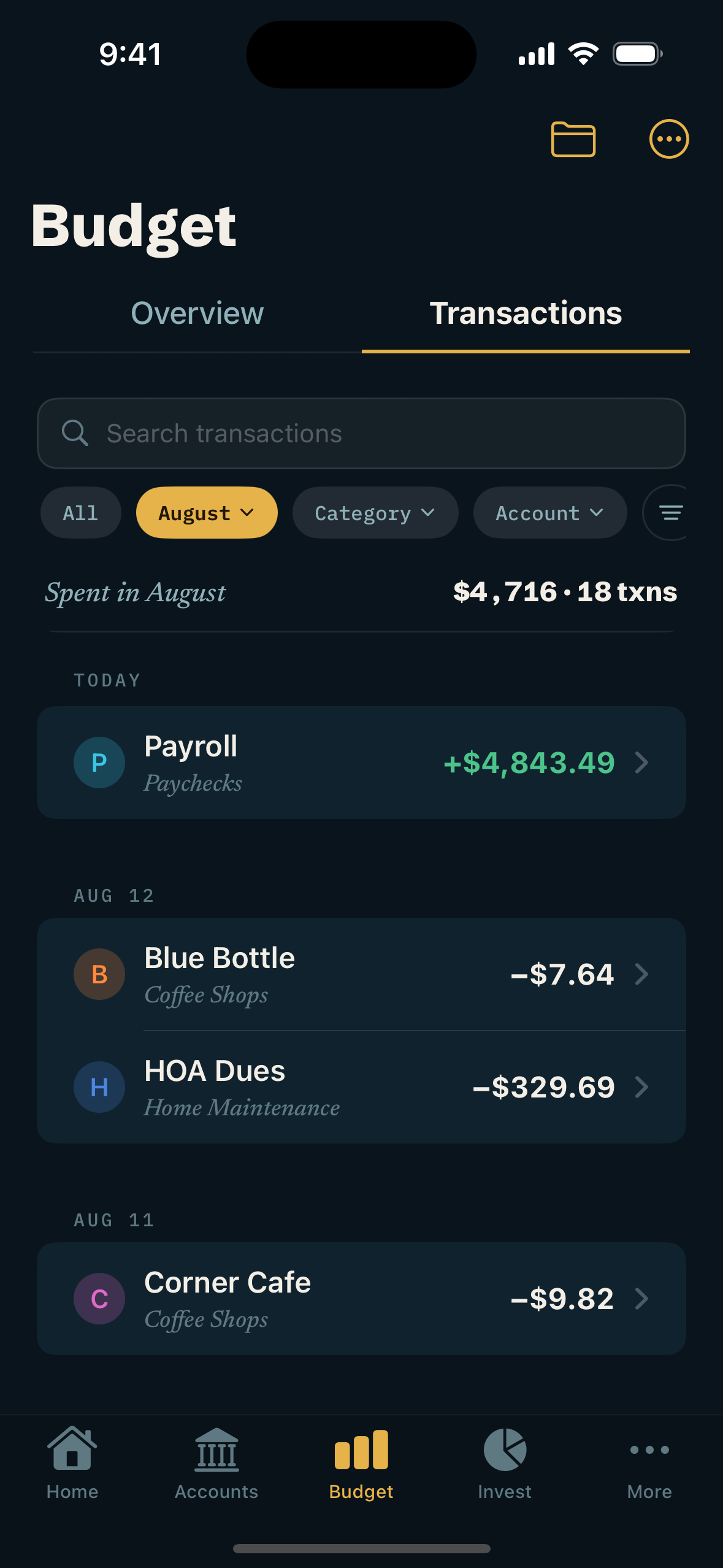 Stridefly transactions list: recent purchases and income, auto-categorized.